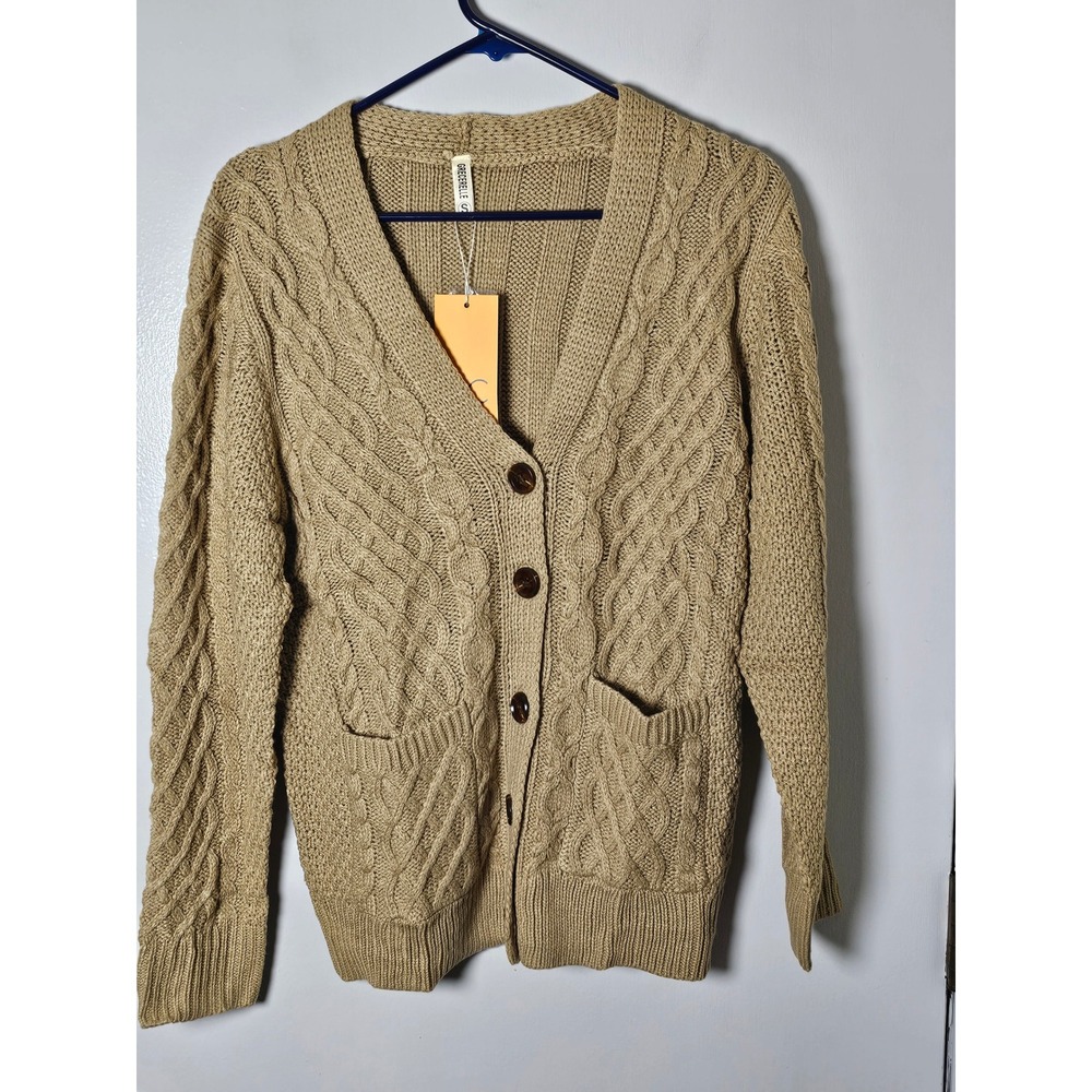 Grecebelle Womens Cable Knit Cardigan Sweater Tan Khaki Button Front Size S NWT